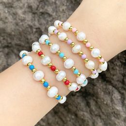 Strand 5Pcs Elegant Women Freshwater Pearls Bracelets Copper Gold Plated Colorful Beads Elastic Simple Jewelry For Party Gift