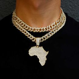 Pendant Necklaces Fashion Crystal Africa Map Pendant Necklace For Women Men's Hip Hop Accessories Jewellery Necklace Choker Cuban Link Chain Gift T230413