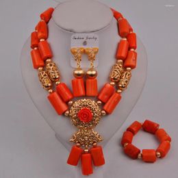 Necklace Earrings Set Red/White /Orange Coral Beads Nigerian Wedding African Jewelry Bridal 2-18-E3