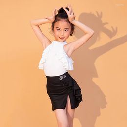 Stage Wear 2023 Children Latin Dance Practice Clothes White Vest Split Skirts Suit Chacha Samba Tango Dress Girls DN15040