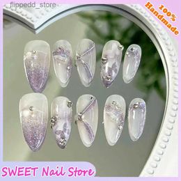 False Nails Handmade Press on Nails Full Nail Tips Butterfly Designs Charms Artificial Nails Drilling Cat Eye Almond -type Fake Nails Q231114