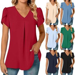 Women's Blouses 2023 Women's Summer Fashion Chiffon Shirt V Neck Short Sleeved Tunic Top Suitable For Leggings