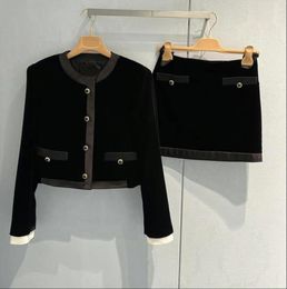 2023 Winter miu-m Black Velvet Set Slim Fit Fashion Suit Coat+Half Skirt for Women