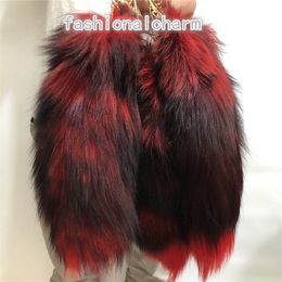 Red-10Pcs/lot Real Genuine Fox Fur Tail Keychain Cosplay Toy Keyring Bag Charm Car Phone Pendant