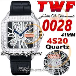 TWF TWZ0028 Swiss Ronda 4S20 Quartz Mens Watch Fully Iced Out Big Diamonds Bezel Roman Markers Skeleton Dial Black Leather Strap Super Edition trustytime001Watches