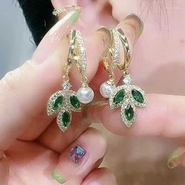 Stud Earrings Green Ear Clip Women's Elegant Pearl