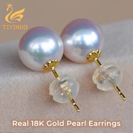 Stud TIYINUO Real 18K Gold AU750 Natural Pearl Stud Earrings Fine Jewelry For Woman Party Office Classic Gift Delicate Present 231115