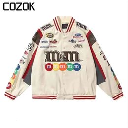 Men's Jackets High Street Racing Jacket Men Hip Hop M Beans Letter Embroidery Varsity Jackets Women Vintage Patch College Coat Oversized 231114