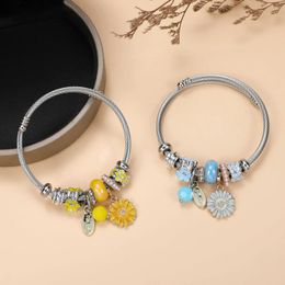 Charm Bracelets 1pc DIY Small Chrysanthemum Rhinestone Flower Colorful Pendant Stainless Steel Bracelet For Women&girls