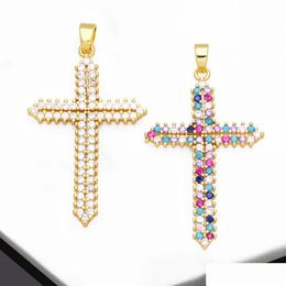 Charms Trendy Big Rainbow Crystal Cross Pendant For Necklace Diy Copper Gold Plated Crucifix Jewelry Making Supplies Pdtb180 Drop Deli Dhw6Y