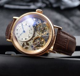 Top Fashion Automatic Mechanical Self Winding Watch Men Gold Silver Dial Leather Strap Wristwatch Classic Double Tourbillon Design Casual Clock 6043