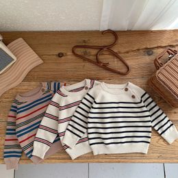 Pullover Boy's Girl's Striped Fuzzy Warm Knit Sweater CrewNeck Chunky Side Slit Jumper Pullover Outerwear 231115