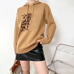 Women Jacquard Letter Woollen Sweater Knitted Sweater Autumn Winter Loose Mid length Drawstring Hooded Sweater Coat