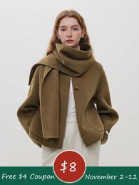 Women's Fur Faux Fur FSLE 100% Wool Camel Colour Short Scarf Collar Coat For Women 89.3% Wool 10.7% Lyocell Beige Round Neck Short Female Woollen Coats 231115