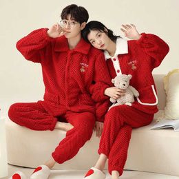 Women's Sleep Lounge Christmas Pyjamas For Couple Flannel Winter Warm Men Women Big Red Cardigan Homewear Cute Bears Sleepwear Couple New Year Pijama zln231115