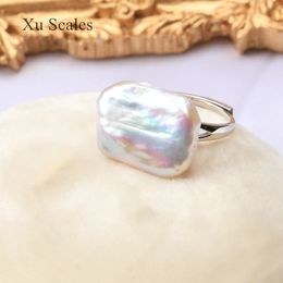Wedding Rings Simple Natural Freshwater Baroque Shaped Square Pearl Ring Open Can Be Adjusted16-20mm In Size 925 Silver Jewellery for Woman 231115