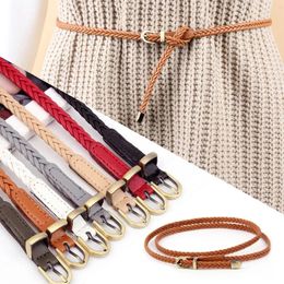 Belts Solid Colour Braided PU Leather Belt For Women Vintage Pin Buckle Thin Waist Simple Jeans Dress Female Waistband