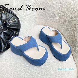 Sandals Denim Blue High Heel Women Summer Outside Casual Flat Platform Thick Bottom Flip Flops Slippers Lady Fashion Slides