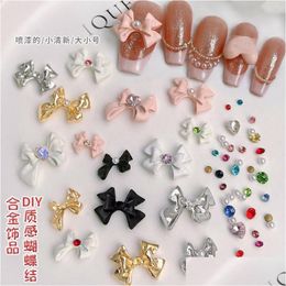 Nail Art Decorations Nail Art Decorations 5Pcs/Lot Mesh Red Enhancement Bow Knots Alloy Ornaments Pink Love Matte Pearl Rhinestone Sti Dhaos