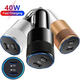 Fast Charging 40W Dual USB C PD Car Charger Alloy Metal Power Adapters For IPhone 13 14 15 Pro Max Samsung S23 S24 Htc Android phone Gps PC