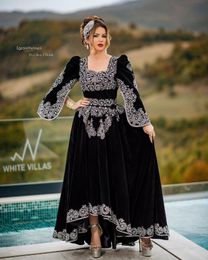 Black Velvet Moroccan Caftan Evening Dresses with Long Sleeve Silver Applique Beaded Karakou Algerien Prom Gowns