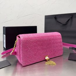 Straw Pink Chain Tassel Hardware Flap Crossbody Envelope Designer Handbags Beach Crochet Women Shoulder Bag Purse Gold