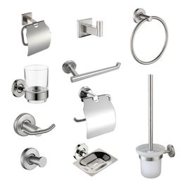 Bath Accessory Set Brushed Steel Bathroom Hardware Soap Dish Robe Hook Towel Ring Wall Mount Roll Paper Holder Toilet Brush Hanger 231115