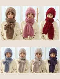 Berets Winter Integrated Ear Protection Windproof Cap Scarf Velvet Knitting Thick Warm Guard Hat For Mom Women Solid Color