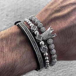 Charm Bracelets 3pcs/set Fashion Men Bracelet Crown Inlaid Zircon Weave Beads Classic Trendy Male Bangle For Women Jewelry