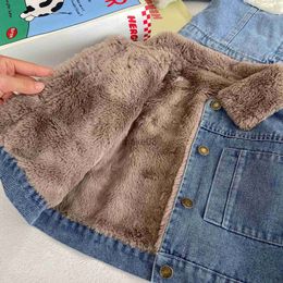 Jackets Retro Blue Denim Jacket for Girls Toddler Winter Autumn Warm Faux Fur Jeans Outerwear Fashion Long Sleeve Thick Outwear Children J231115