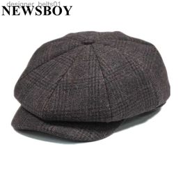 Berets NEWSBOY Wool Men Hat Tweed Plaid Newsboy Cap British Style Gatsby Flat Cap Woollen Octagonal Hat Autumn Winter Male BeretL231115