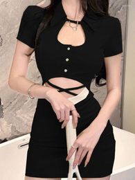Casual Dresses QWEEK Sexy Hollow Out Bodycon Dress Women Office Ladies Wrap Slim Short Party Korean Fashion Kpop Design 2023 Outfits