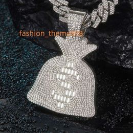 RSQ European and American Large Dollar Money Bag Pendant Alloy Full Diamond Cuban Chain Necklace Pendant