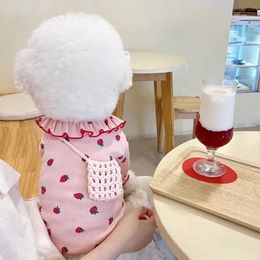 Köpek Giyim Giysileri Yaz İnce Dantel Çilek Teddy Bichon Yelek Yavru Köpekler İçin Nefes Alabilir Tshirt Kediler Aksesuarlar 231114