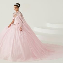 Pink Shiny Ball Gown Quinceanera Dress 2024 Lace Beads With Cape Tulle Princess Sweet 16 Vestido De XV Anos Brithday Party Gown Plus Size