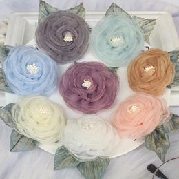 Decorative Flowers 5PCS 5.5CM Organza Chiffon Fabric Artificial Flower With Leaves Wedding Dress Home Decoration DIY Headwear Hair