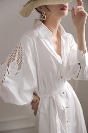 Casual Dresses White Women Dress Spring Long Sleeve Design Sense French Hollow Out Embroidery Waist Wrapped Cotton Lined