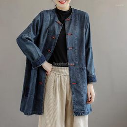 Ethnic Clothing 2023 Long Chinese National Style Disc Buckle Denim Coat Female Autumn Retro Loose Round Collar Daily Casual Shirt G988