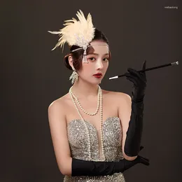 Hair Clips Women Headpiece Feather Flapper Headband Shiny Great Gatsby Headdress Necklace Glove Vintage Prom Fashion Getsbi Sets
