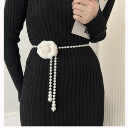 Belts Elegant Camellia Pearl Belt Women Luxury Design Casual Waist Strap Chain