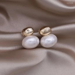 Stud Earrings Korea Design Fashion Jewellery 14K Gold Plated Oval Metal Beanie Pearl Elegant Women Simple Daily Work Accessories