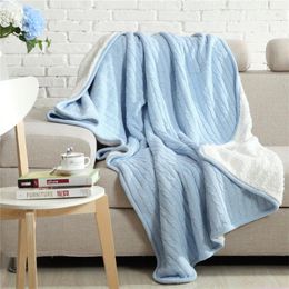 Blankets 130X160cm 2 Layers Sherpa Lamb Nordic Solid Colour Cable Knitted Blanket Winter Thick Thermal Sofa Throw For