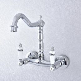 Bathroom Sink Faucets Polished Chrome Brass Kitchen Faucet Double Lever Ceramic Handle Swivel Spout Basin Mixer Wall Mounted Cold Water Tap