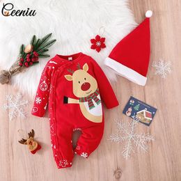 Rompers Ceeniu My First Christmas Baby Cost JumpsuitHat Cartoon Deer Bodysuit for borns Year Clothing Romper 231115