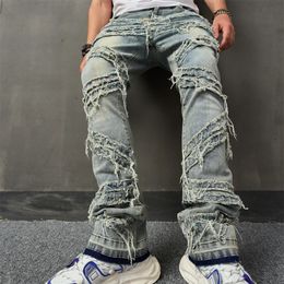 Men s Jeans Vintage Blue Patch Streetwear Trousers Stretchy Slim Fit Ripped Washed Pants For Men 231114