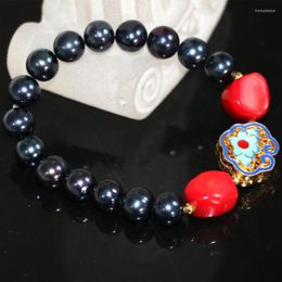 Strand Fashion Natural 9-10mm Black Pearl Beads Bracelets For Women Bride Red Cloisonne Wholesale Price Jewelry 7.5inch B2970