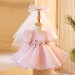 Pink Pearls Necklace Flower Crystals Ball Gown Little Girl Wedding Cheap Frist Holy Communion Pageant Birthday Dresses Daughter Toddler Gowns 403