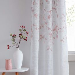 Curtain Sparkling Decorative Leaf Floral Printed Sheer Linen Window Panel For Rustic Living Room/Bedroom Coral Red