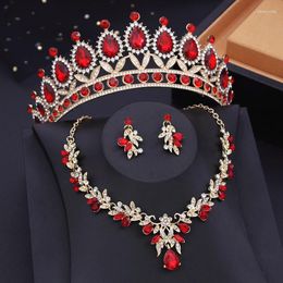 Necklace Earrings Set Quality Red Crystal Tiara Crown With Dangle Wedding Princess Girls Party Bridal Gifts