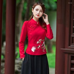 Ethnic Clothing 2023 Traditional Chinese Women Cheongsam Top Flower Embroidery Mandarin Collar Vintage Shirt Blouse Ladies Tops